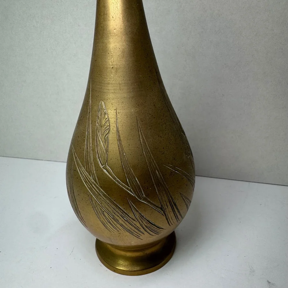 Vintage Solid Brass Bud Vase Tall Etched Floral Design Decorative Accent MCM EUC